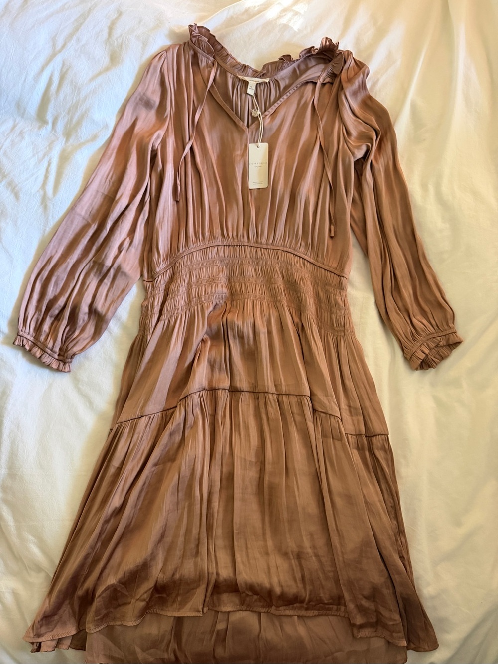 NWT- Grade and Gather, Silk Long-Sleeve Dress in Mauve